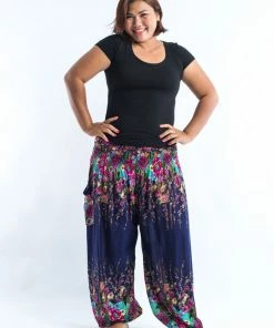 HaremPants.com Plus Size Floral Women's Harem Pants In Blue
