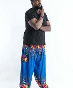HaremPants.com Plus Size Floral Men's Harem Pants In Ocean Blue