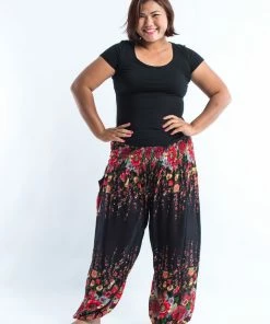 HaremPants.com Plus Size Floral Women's Harem Pants In Black