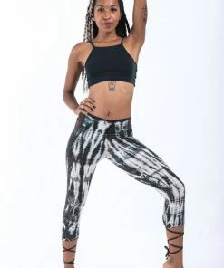 HaremPants.com Women's Lightning Stripes Tie Dye Cotton Capri Leggings In Black White
