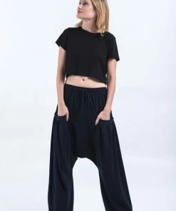 HaremPants.com Low Cut Cotton Women Harem Pants In Solid Navy