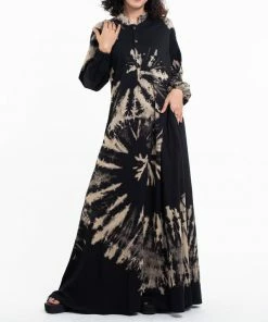 HaremPants.com Tie Dye Long Sleeve Maxi Dress In Black
