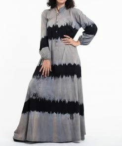 HaremPants.com Tie Dye Long Sleeve Maxi Dress In Gray