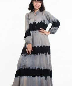 HaremPants.com Tie Dye Long Sleeve Maxi Dress In Gray