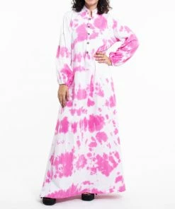 HaremPants.com Tie Dye Long Sleeve Maxi Dress In Pink