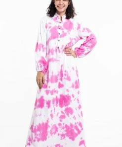 HaremPants.com Tie Dye Long Sleeve Maxi Dress In Pink