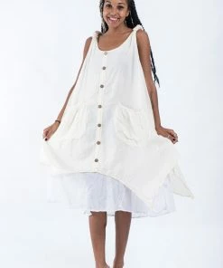 HaremPants.com Women's Crinkled Hill Tribe Cotton Tank Dress In Off White