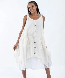 HaremPants.com Women's Crinkled Hill Tribe Cotton Tank Dress In Off White