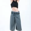 HaremPants.com Women's Cropped Fisherman Pants With Pattern Waist Band In Blue Gray