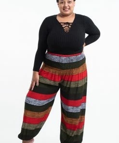 HaremPants.com Plus Size Boho Green Striped Women's Harem Pants