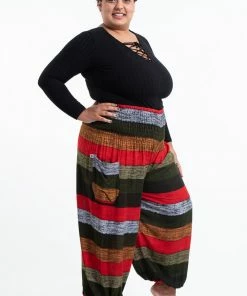 HaremPants.com Plus Size Boho Green Striped Women's Harem Pants