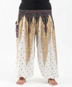 HaremPants.com Plus Size Peacock Feathers Women's Harem Pants In White