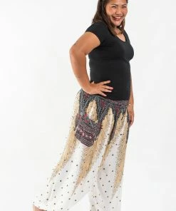 HaremPants.com Plus Size Peacock Feathers Women's Harem Pants In White