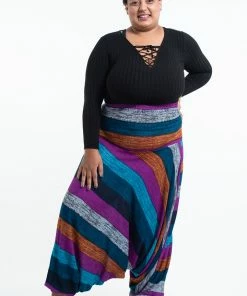 HaremPants.com Plus Size Boho Blue Striped Drop Crotch Women's Harem Pants