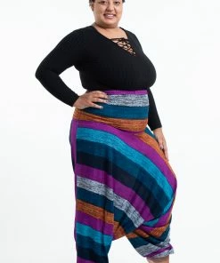 HaremPants.com Plus Size Boho Blue Striped Drop Crotch Women's Harem Pants