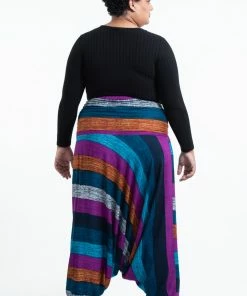 HaremPants.com Plus Size Boho Blue Striped Drop Crotch Women's Harem Pants