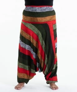 HaremPants.com Plus Size Boho Green Striped Drop Crotch Women's Harem Pants