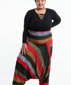 HaremPants.com Plus Size Boho Green Striped Drop Crotch Women's Harem Pants