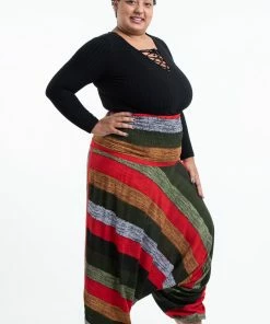HaremPants.com Plus Size Boho Green Striped Drop Crotch Women's Harem Pants