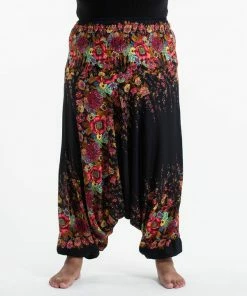 HaremPants.com Plus Size Floral Drop Crotch Women's Harem Pants In Black