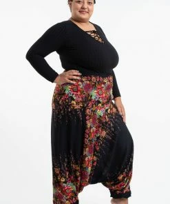 HaremPants.com Plus Size Floral Drop Crotch Women's Harem Pants In Black