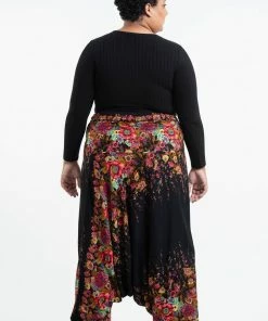 HaremPants.com Plus Size Floral Drop Crotch Women's Harem Pants In Black