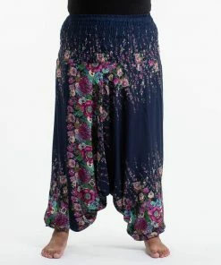 HaremPants.com Plus Size Floral Drop Crotch Women's Harem Pants In Blue