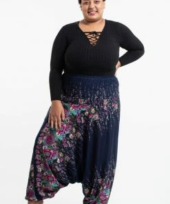 HaremPants.com Plus Size Floral Drop Crotch Women's Harem Pants In Blue