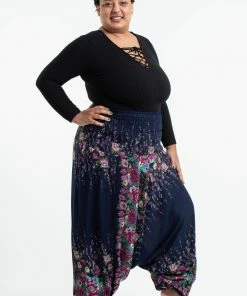 HaremPants.com Plus Size Floral Drop Crotch Women's Harem Pants In Blue
