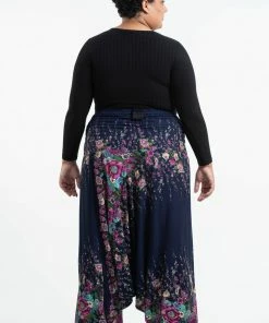 HaremPants.com Plus Size Floral Drop Crotch Women's Harem Pants In Blue