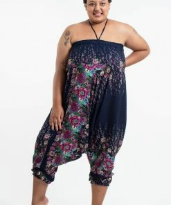 HaremPants.com Plus Size Floral Drop Crotch Women's Harem Pants In Blue