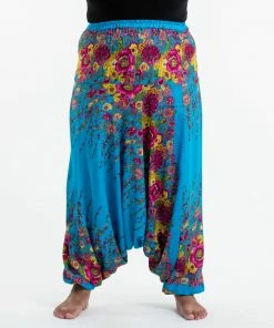 HaremPants.com Plus Size Floral Drop Crotch Women's Harem Pants In Ocean Blue