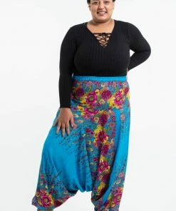 HaremPants.com Plus Size Floral Drop Crotch Women's Harem Pants In Ocean Blue