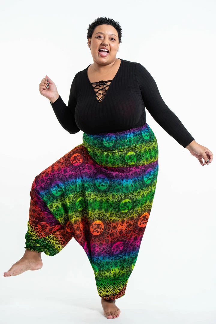 HaremPants.com Plus Size Rainbow Elephant Drop Crotch Women's Harem Pants In Green 3 HaremPants.com Plus Size Rainbow Elephant Drop Crotch Women's Harem Pants In Green