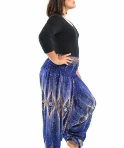 HaremPants.com Plus Size Diamond Peacock Drop Crotch Women's Harem Pants In Blue