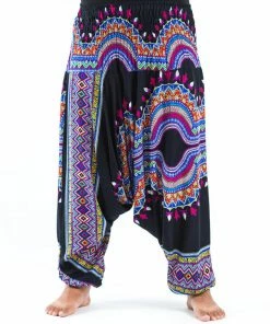 HaremPants.com Plus Size Dashiki Prints Drop Crotch Women's Harem Pants In Black