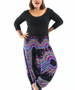 HaremPants.com Plus Size Dashiki Prints Drop Crotch Women's Harem Pants In Black