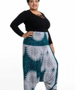 HaremPants.com Plus Size Marble Mandalas Drop Crotch Women's Harem Pants In Turquoise
