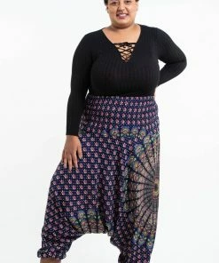 HaremPants.com Plus Size Peacock Mandalas Drop Crotch Women's Harem Pants In Blue
