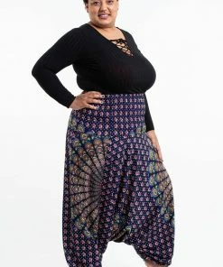 HaremPants.com Plus Size Peacock Mandalas Drop Crotch Women's Harem Pants In Blue