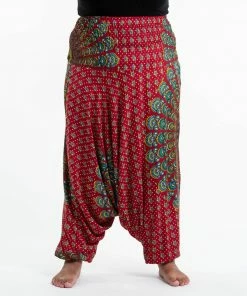HaremPants.com Plus Size Peacock Mandalas Drop Crotch Women's Harem Pants In Red