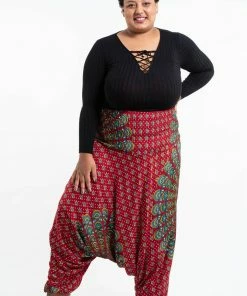 HaremPants.com Plus Size Peacock Mandalas Drop Crotch Women's Harem Pants In Red