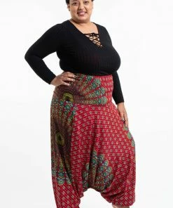 HaremPants.com Plus Size Peacock Mandalas Drop Crotch Women's Harem Pants In Red