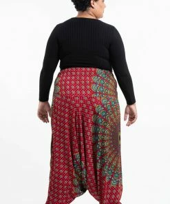 HaremPants.com Plus Size Peacock Mandalas Drop Crotch Women's Harem Pants In Red