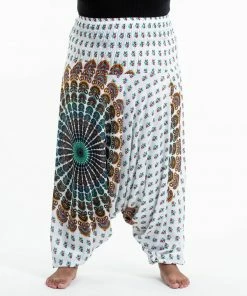 HaremPants.com Plus Size Peacock Mandalas Drop Crotch Women's Harem Pants In White