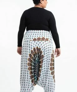 HaremPants.com Plus Size Peacock Mandalas Drop Crotch Women's Harem Pants In White