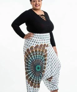 HaremPants.com Plus Size Peacock Mandalas Drop Crotch Women's Harem Pants In White