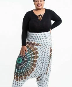 HaremPants.com Plus Size Peacock Mandalas Drop Crotch Women's Harem Pants In White