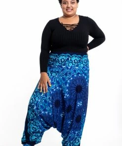 HaremPants.com Plus Size Paisley Mandalas Drop Crotch Women's Harem Pants In Blue