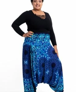 HaremPants.com Plus Size Paisley Mandalas Drop Crotch Women's Harem Pants In Blue